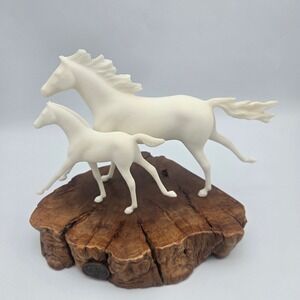 John Perry Running Horses Sculpture on Burl Wood Base White Mare & Foal Figurine